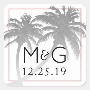 Silver Palm Tree Tropical Wedding Monogram Square Sticker