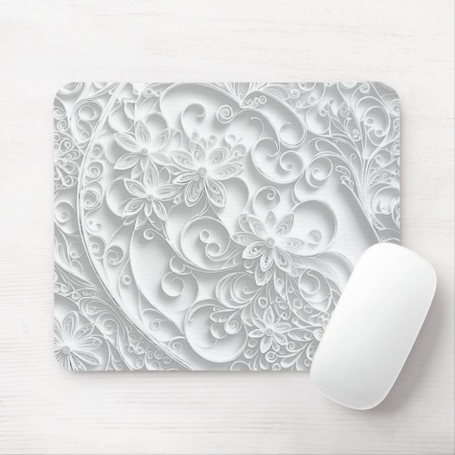 Silver Paper Quilling Daisy Design Mouse Mat (With Mouse)