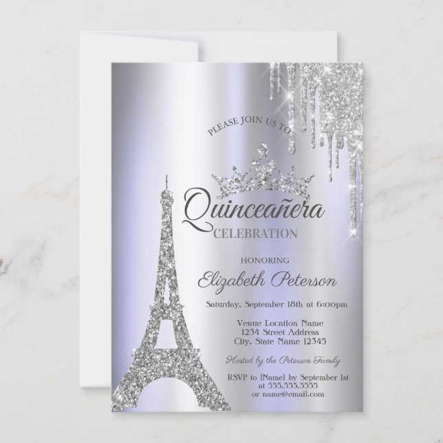 Silver Paris Eiffel Tower,Drip Violet Quinceañera  Invitation (Front)