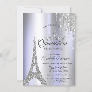 Silver Paris Eiffel Tower,Drip Violet Quinceañera Invitation