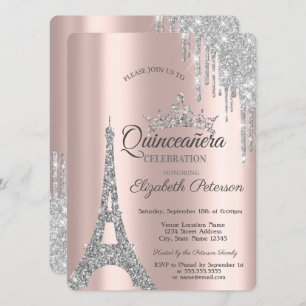 Silver Paris Eiffel Tower,Drips Quinceañera Invitation