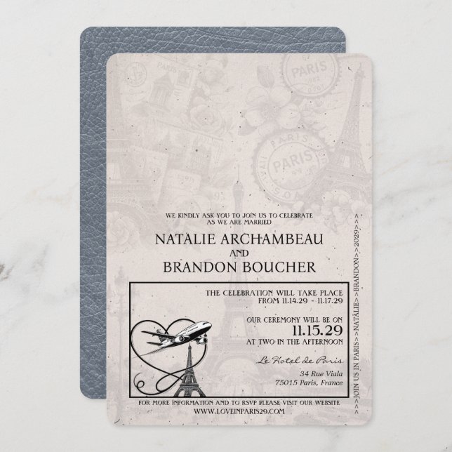 Silver Paris Passport Wedding Invitation (Front/Back)