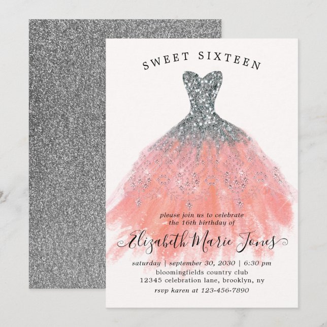 Silver Peach Glitter Dress Sweet 16th Birthday Invitation (Front/Back)