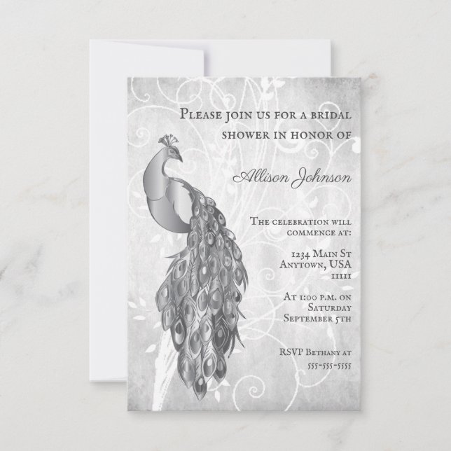 Silver Peacock Bridal Shower Invitation (Front)