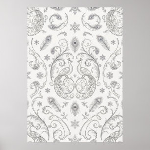 Silver Peacock Filigree Winter Pattern Poster