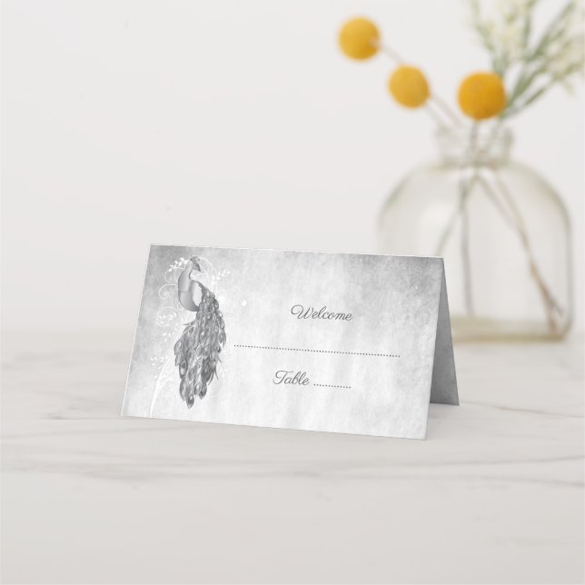 Silver Peacock Reception Place Card (Front)