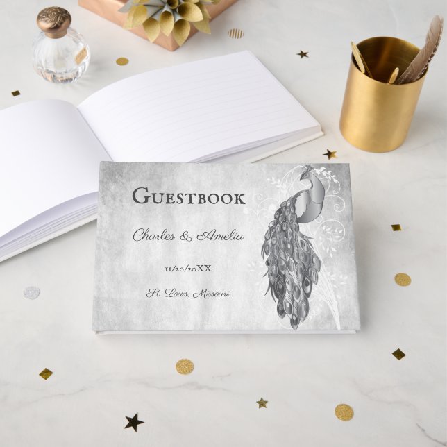 Silver Peacock Wedding Guest Book (Front Open)