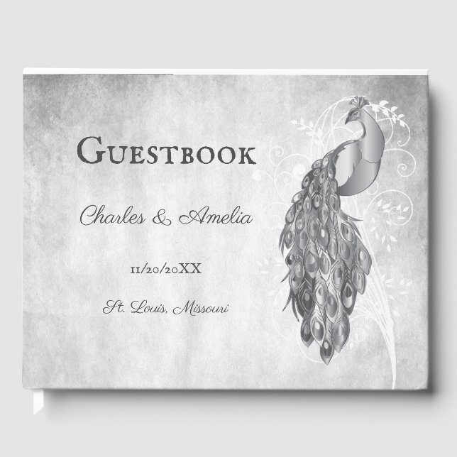 Silver Peacock Wedding Guest Book (Front)