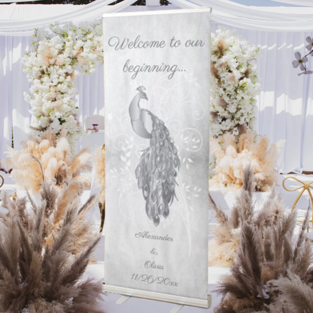 Silver Peacock Wedding Retractable Banner (Silver Peacock Wedding Welcome Banner)