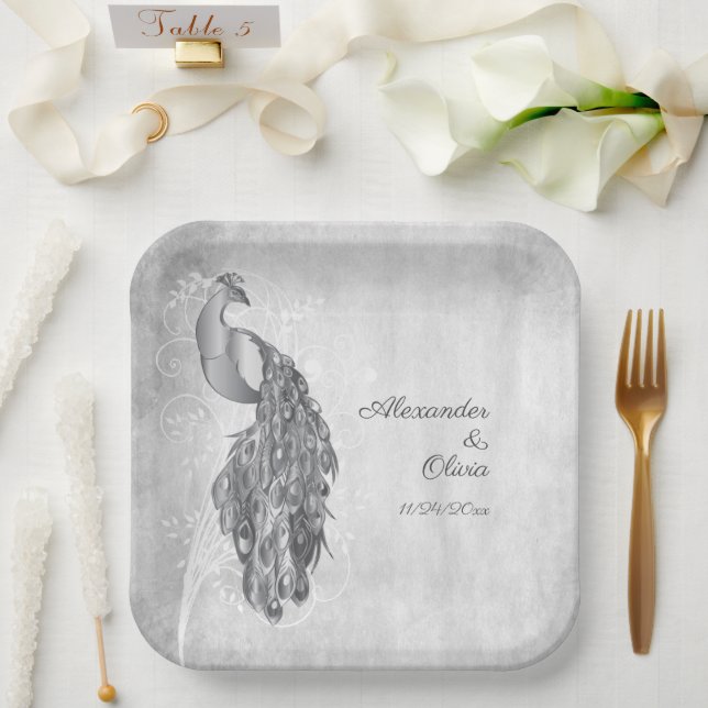 Silver Peacock Wedding Shower Paper Plates (Wedding)