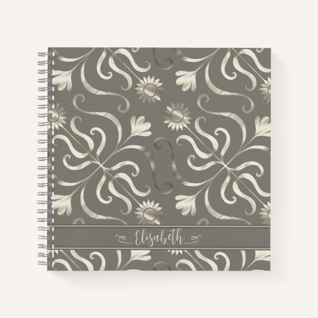 Silver & Pearl Floral Damask Sunflower Classy Grey Notebook (Front)