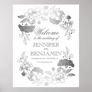 Silver Peonies Elegant Wreath Wedding Welcome Sign