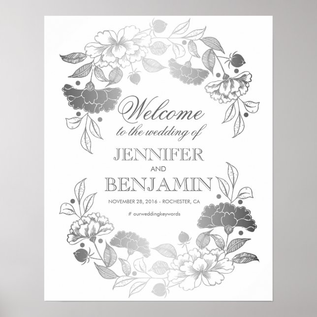 Silver Peonies Elegant Wreath Wedding Welcome Sign (Front)