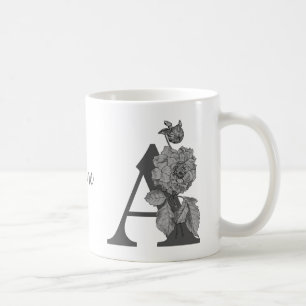 Silver Peony Elegant Monogram Initial A Name Coffee Mug