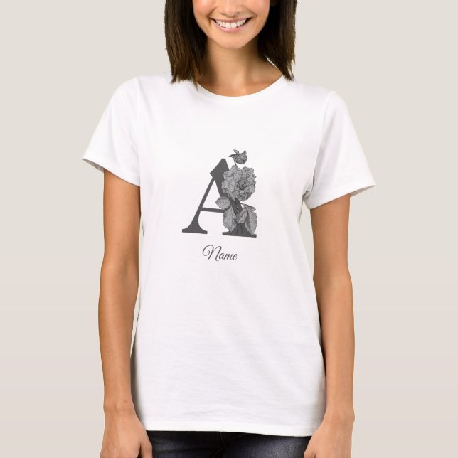 Silver Peony Elegant Monogram Initial A Name  T-Shirt (Front)