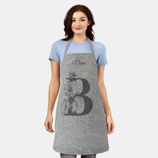 Silver Peony Elegant Monogram Initial B Name   Apron (Worn)