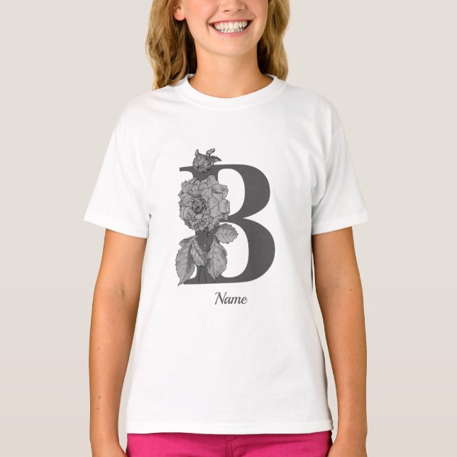 Silver Peony Elegant Monogram Initial B Name T-Shirt (Front)