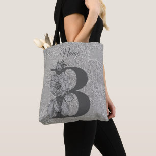 Silver Peony Elegant Monogram Initial B Name Tote Bag