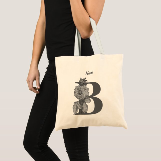 Silver Peony Elegant Monogram Initial B Name Tote Bag (Front (Product))