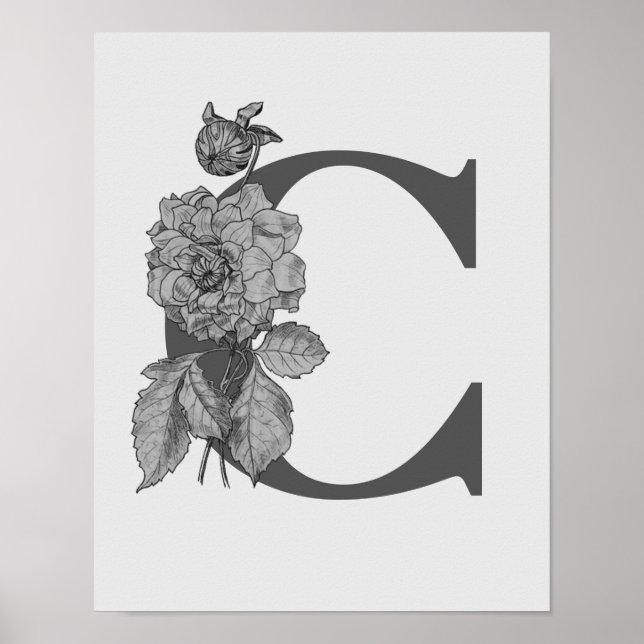 Silver Peony Elegant Monogram Initial C  Poster (Front)