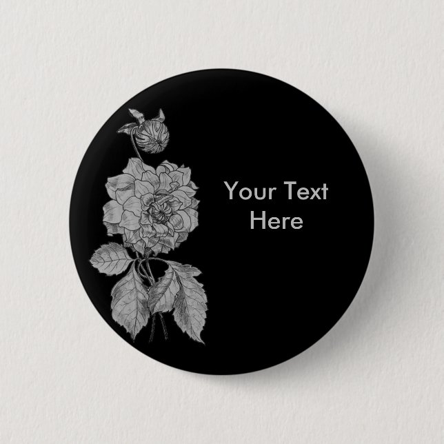 Silver Peony Flower Customisable Button (Front)