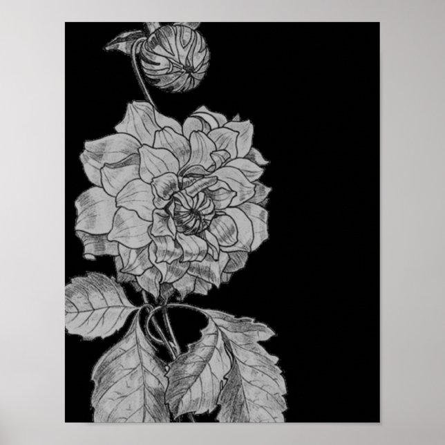 Silver Peony Flower On Black Floral Art  Poster (Front)