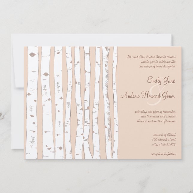 Silver Peony Russet Lite Birch Tree Wedding Invitation (Front)
