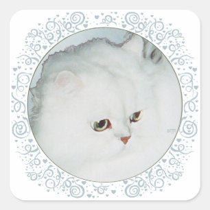 Silver Persian Cat Head Study Square Sticker