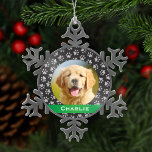 Silver Pet Paw Prints Green Custom Dog Name Photo Snowflake Pewter Christmas Ornament<br><div class="desc">This elegant custom holiday ornament can be personalized with a cute photo of your pet dog (or cat) and their first name. Includes a soft black background color with a green monogram stripe and silver paw prints pattern. Makes a unique Christmas gift for dog lovers or to celebrate puppy's first...</div>