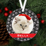 Silver Pet Paw Prints Red Custom Cat Name Photo Ornament<br><div class="desc">This elegant custom holiday ornament can be personalised with a cute photo of your pet cat (or dog) and their first name. Includes a soft black background colour with a red monogram stripe and silver paw print pattern. Makes a unique Christmas gift for cat lovers or to celebrate kitty's first...</div>