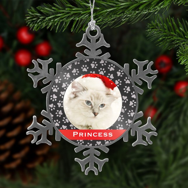Silver Pet Paw Prints Red Custom Cat Name Photo Snowflake Pewter Christmas Ornament (Creator Uploaded)
