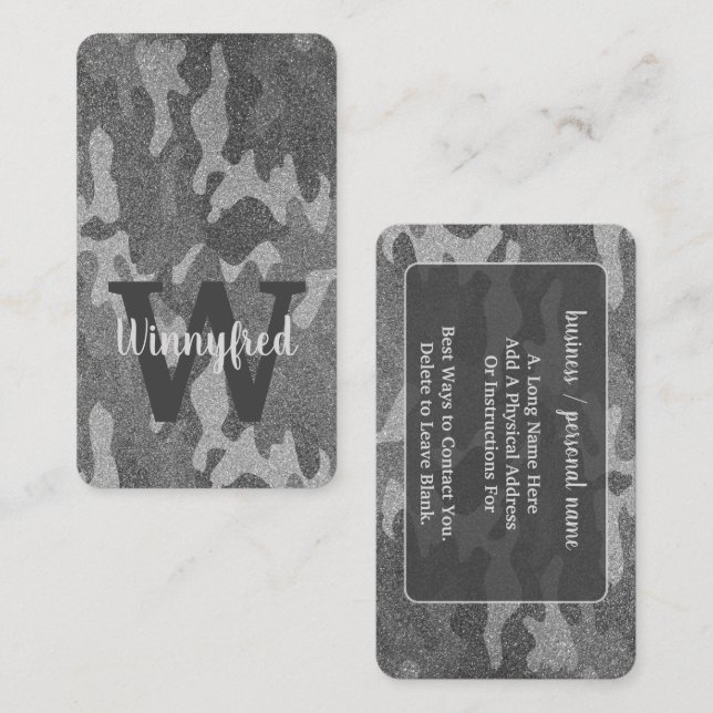Silver & Pewter Camouflage Glitter Monogrammed Business Card (Front/Back)