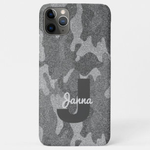 Silver & Pewter Camouflage Glitter Monogrammed iPhone 11 Pro Max Case