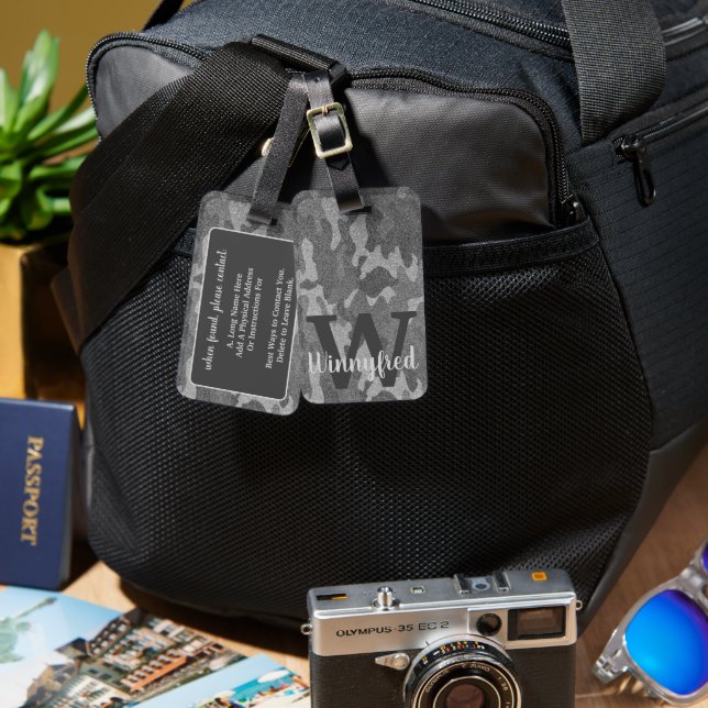 Silver & Pewter Camouflage Glitter Monogrammed Luggage Tag (Front & Back)