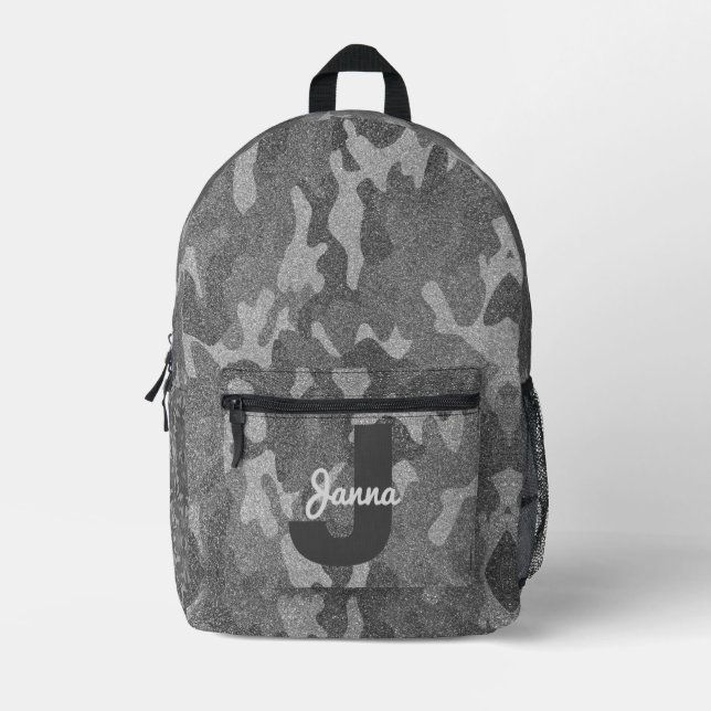 Silver & Pewter Camouflage Glitter Monogrammed Printed Backpack (Front)