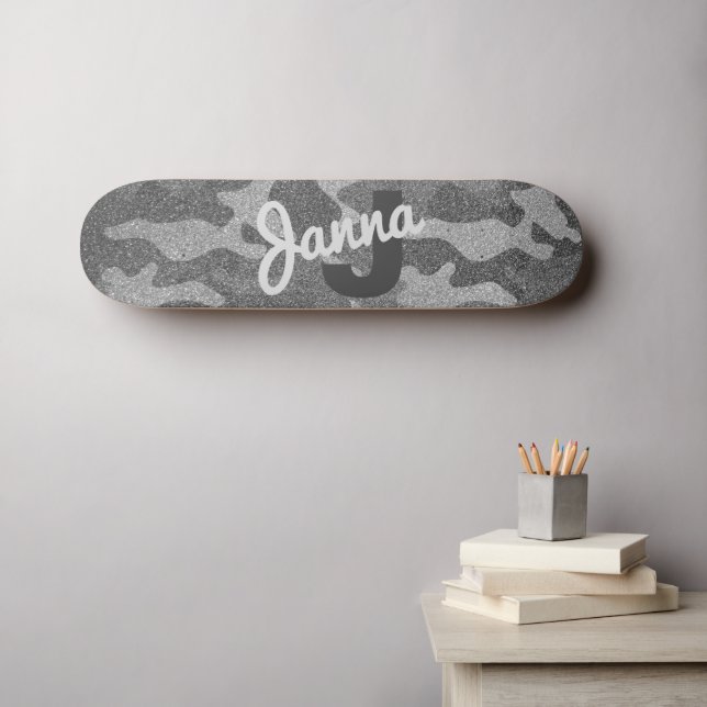 Silver & Pewter Camouflage Glitter Monogrammed Skateboard (Wall Art (Horz))