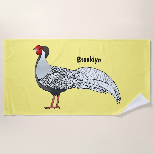 Silver pheasant bird cartoon illustration  beach towel (Front)