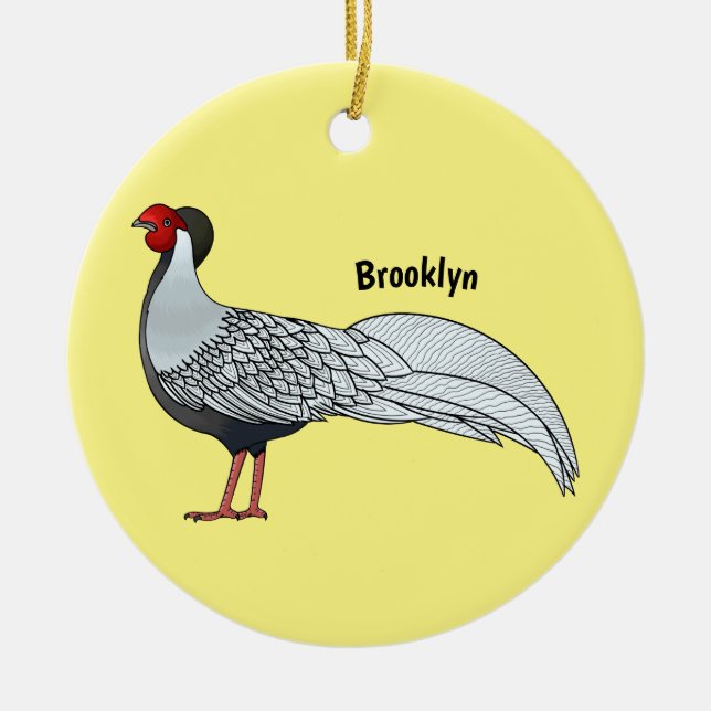 Silver pheasant bird cartoon illustration ceramic tree decoration (Front)