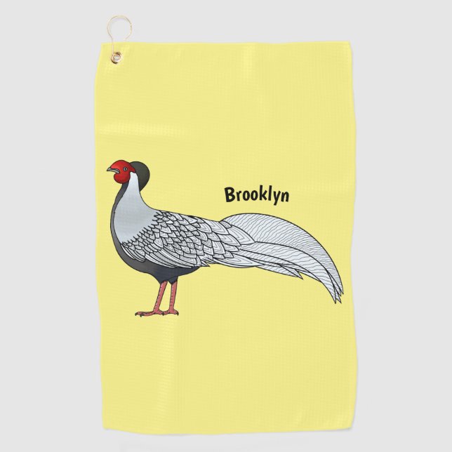 Silver pheasant bird cartoon illustration golf towel (Front)
