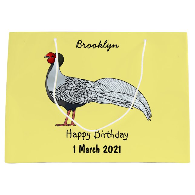 Silver pheasant bird cartoon illustration large gift bag (Front)