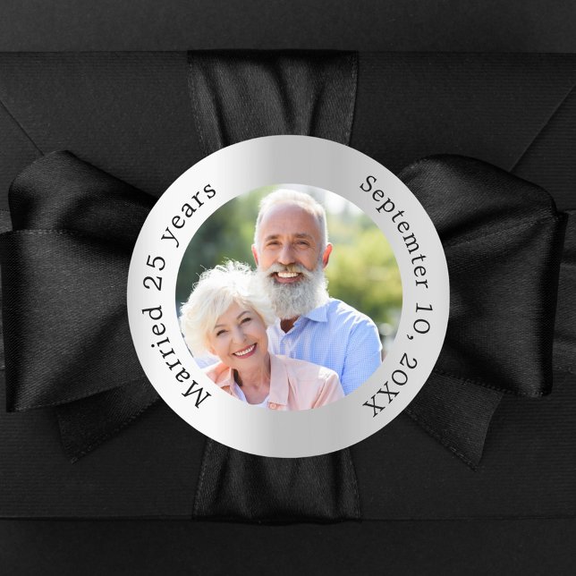 Silver photo 25th wedding anniversary classic round sticker (Creator Uploaded)