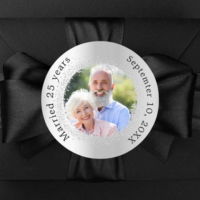 Silver photo 25th wedding anniversary classic round sticker (Creator Uploaded)