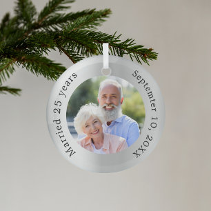 Silver photo 25th wedding anniversary glass tree decoration