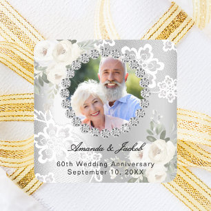 Silver photo 60th diamond wedding anniversary square sticker