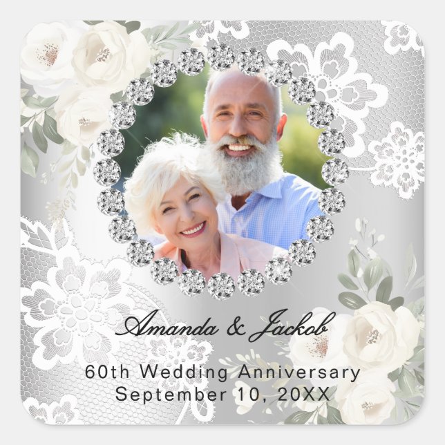 Silver photo 60th diamond wedding anniversary square sticker (Front)