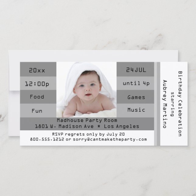 Silver Photo Admission Ticket Birthday Invitation (Front)