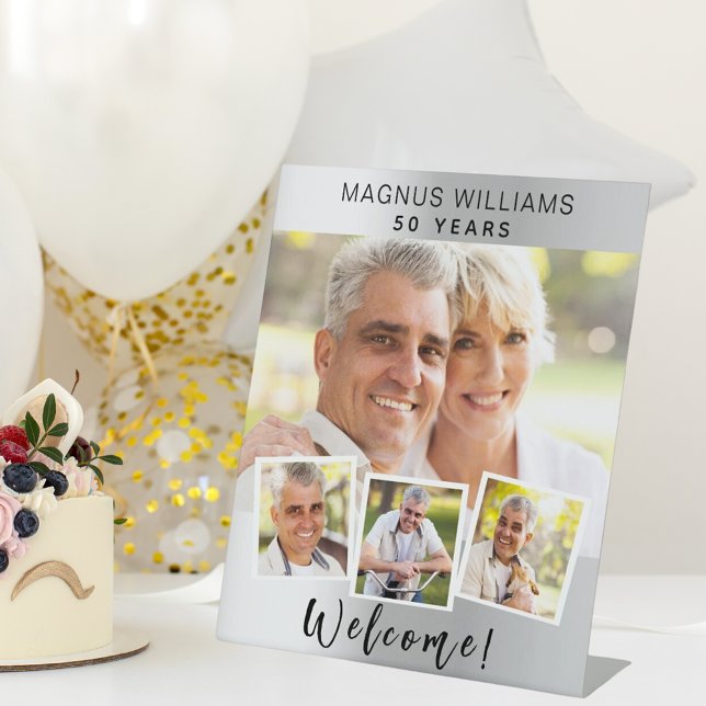 Silver photo collage birthday party welcome pedestal sign (Creator Uploaded)
