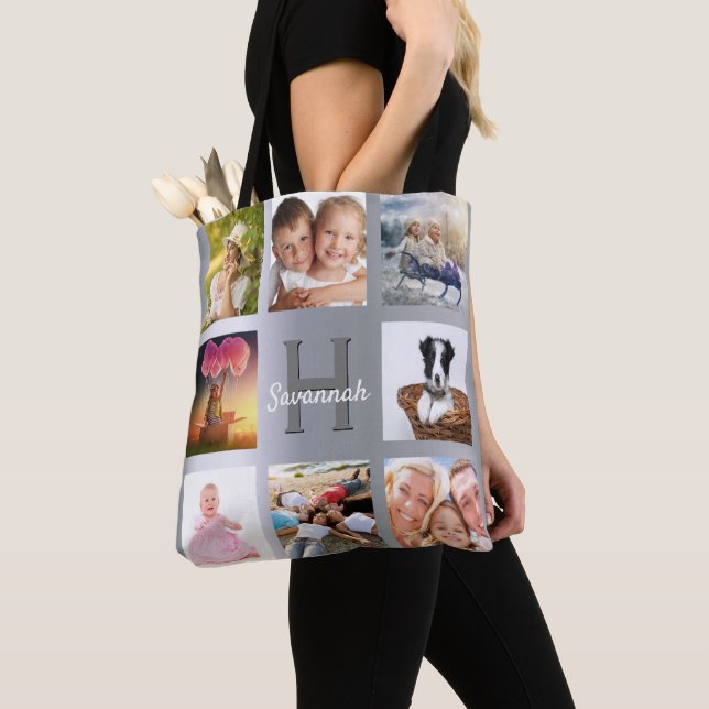 Silver photo collage monogram name tote bag (Close Up)