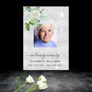 Silver photo elegant floral memorial funeral poster