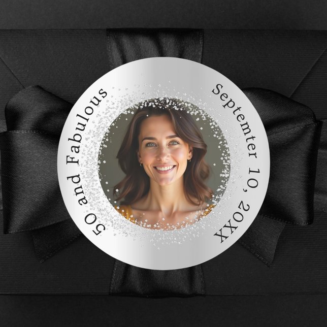 Silver photo fabulous birthday classic round sticker (Creator Uploaded)